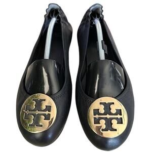 Tory Burch Black Flats with Gold Logo